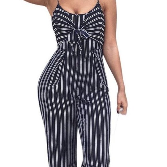 Navy Blue & White Striped Sleeveless Jumpsuit Tank - Picture 3 of 16